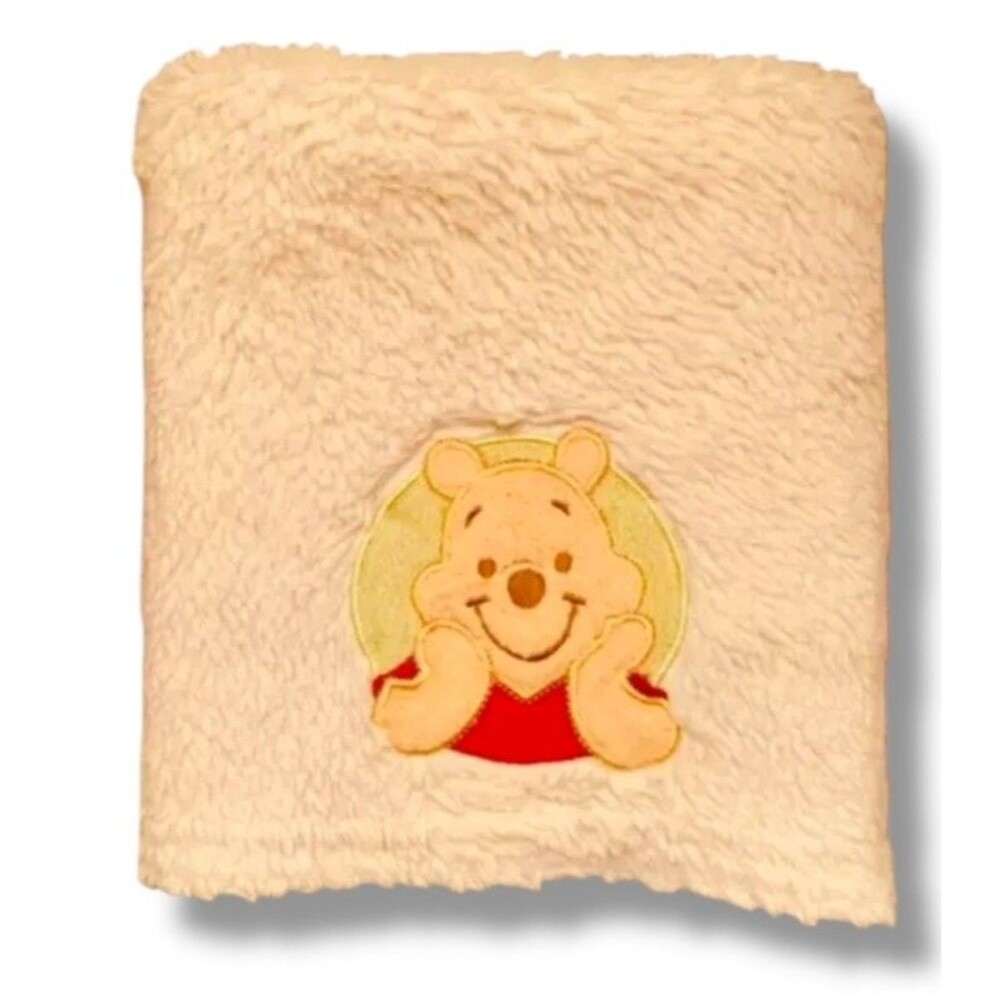 Vtg 90s 00s Big Disney Winnie Pooh Appliqué Blanket Ivory Sherpa 30x40 Retired